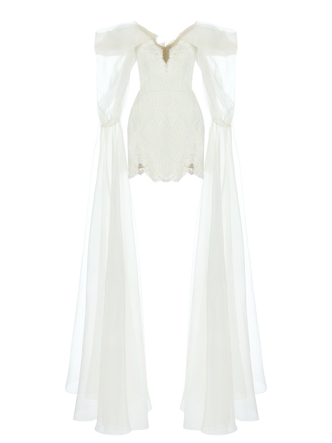Белое кружевное платье-мини с рукавами из органзы, 1