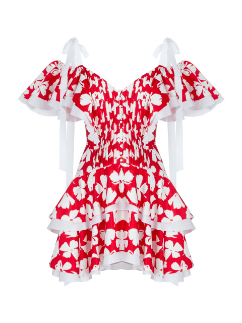 Красное хлопковое платье-мини с цветочным принтом, 1