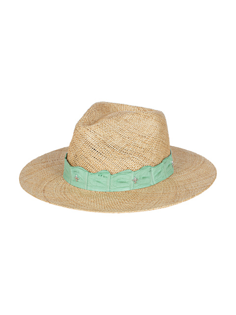 Соломенная шляпа с отделкой из зеленой кожи крокодила, 1