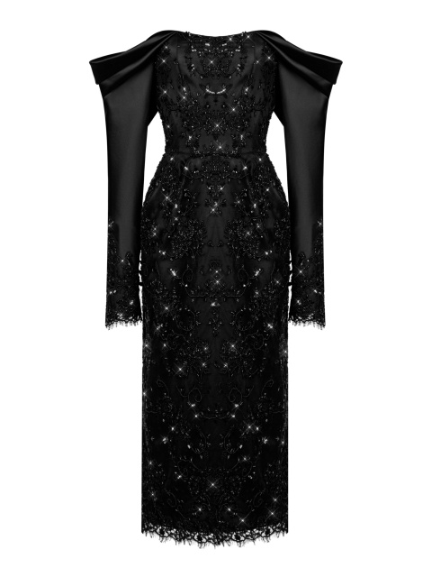 Черное шелковое платье-миди с кружевом и бисером, 1