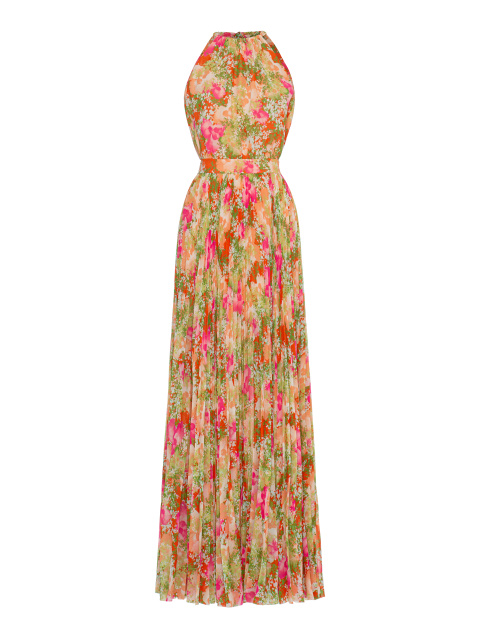 Розовое плиссированное платье-макси из шифона с цветочным принтом, 1