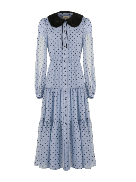 Голубое шифоновое платье-миди в черный горошек, 1