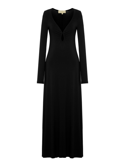 Черное трикотажное платье-макси с фигурным вырезом, 1