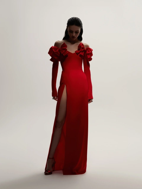 Красное платье-макси из шелка с бантами, 1