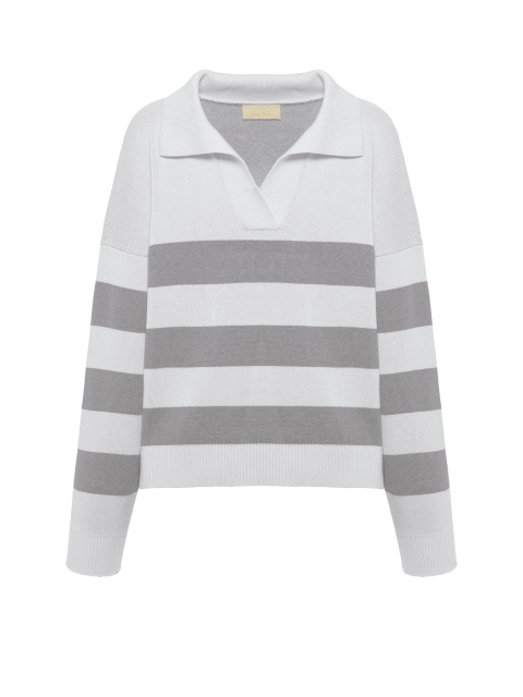 Хлопковый пуловер в широкую бело-серую полоску, 1