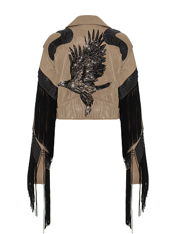 Коричневая укороченная косуха из кожи с бахромой и вышивкой, 2