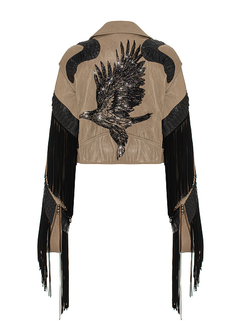 Коричневая укороченная косуха из кожи с бахромой и вышивкой, 2 Коричневая укороченная косуха из кожи с бахромой и вышивкой, 2