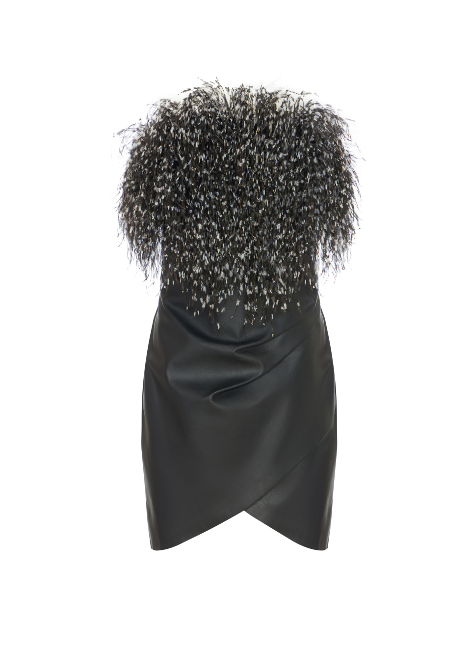 Черное кожаное платье-мини с перьями, 1