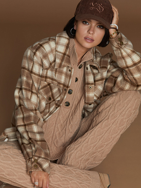 Коричневое шерстяное пальто-рубашка в клетку, 5