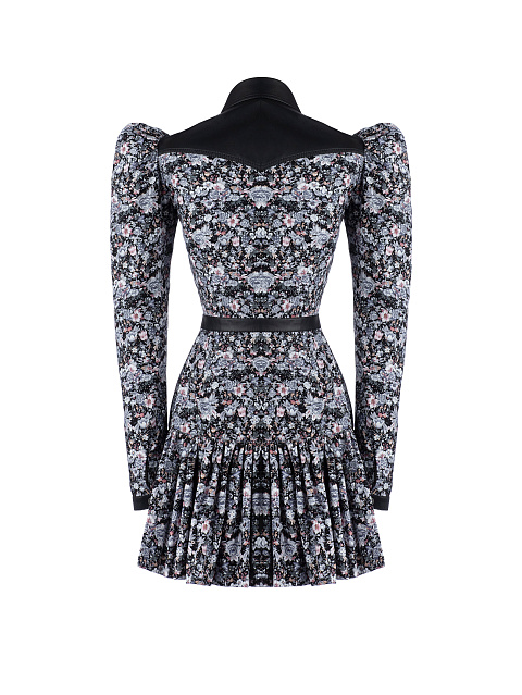 Черное хлопковое платье-мини с серым цветочным принтом, 3