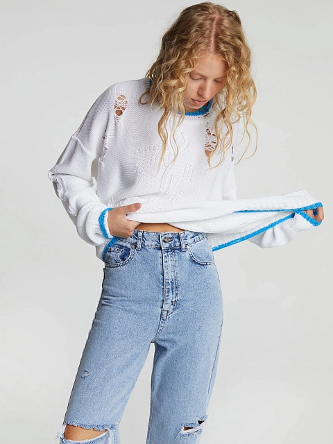 Белый унисекс хлопковый свитер с якорем, 5