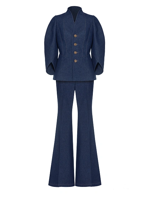 Синий костюм-двойка из денима с брюками клеш, 1