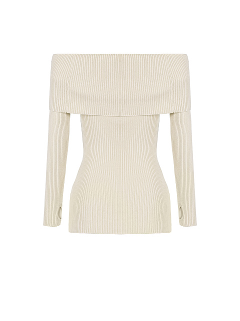 Бежевый трикотажный джемпер с открытыми плечами, 2