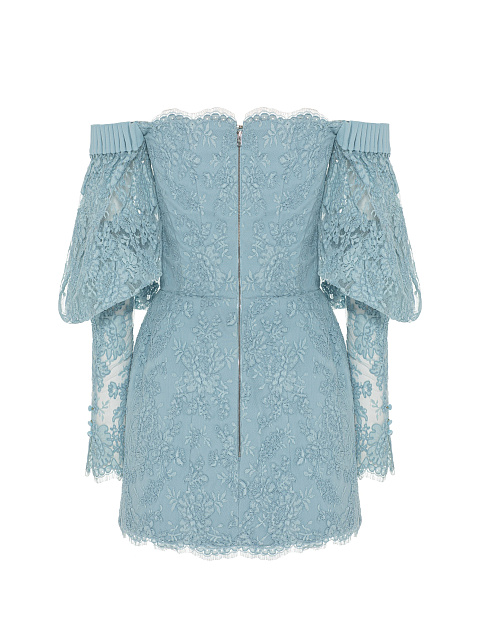 Голубое платье-мини из кружева с открытыми плечами, 2