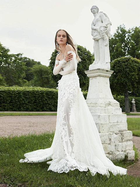 Белое корсетное платье из кружева со шлейфом, 5