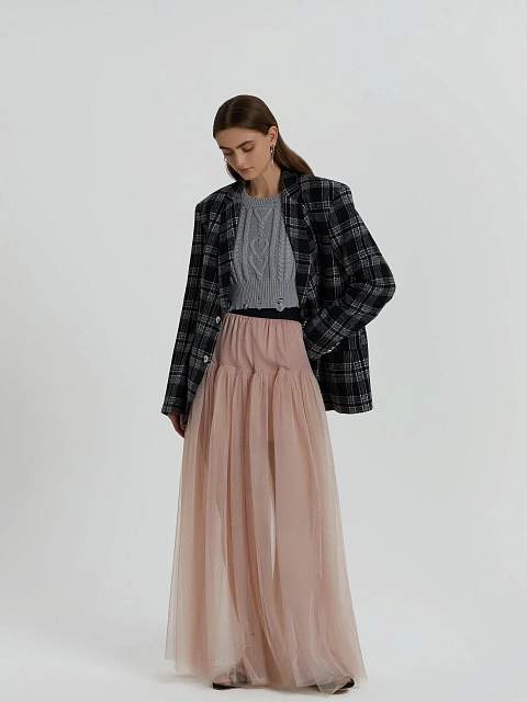 Розовая юбка-макси из прозрачного фатина с блестками, 5