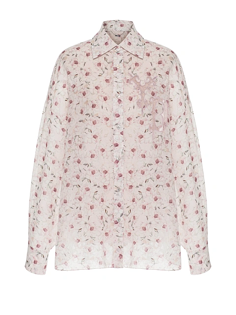 Розовая блузка из хлопка с цветочным принтом и кружевом, 1