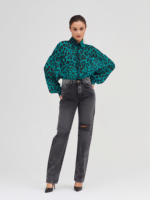 Зеленая блузка с леопардовым принтом из шифона, 5
