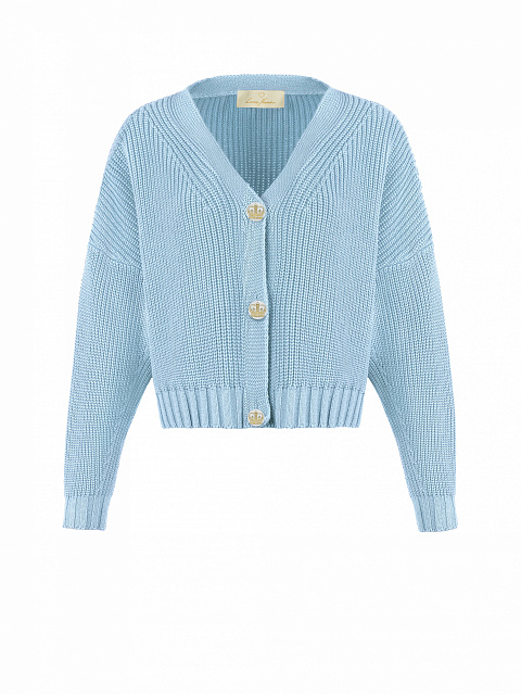 Голубой вязаный комплект из топа и кардигана с белыми пуговицами, 4