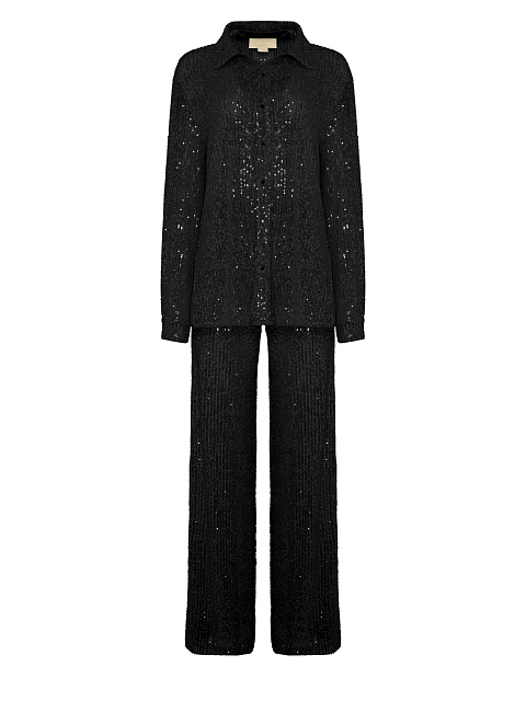 Черный костюм из рубашки и брюк в пайетках, 1