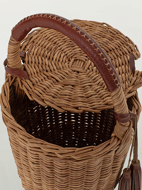 Коричневая сумка-корзина с декором из бордовой кожи, 4