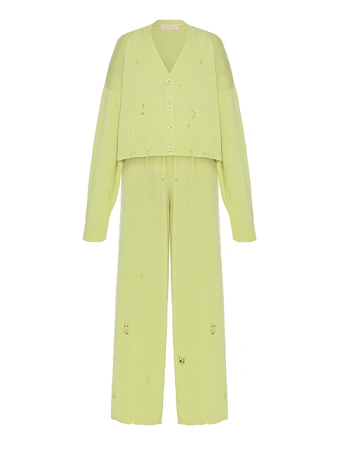Салатовый вязаный комплект из кардигана, топа и брюк, 2