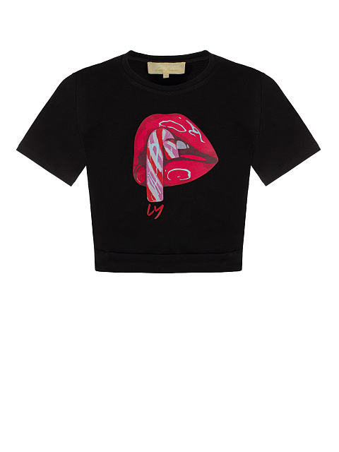 Укороченная черная футболка с принтом, 1