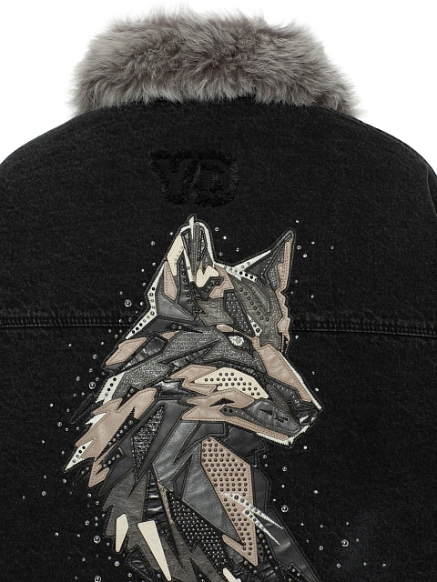 Черная джинсовая куртка с подкладом из овчины и декором на спине, 5