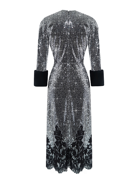 Серебристое платье-миди в пайетках с отделкой из кружева и меха норки, 2