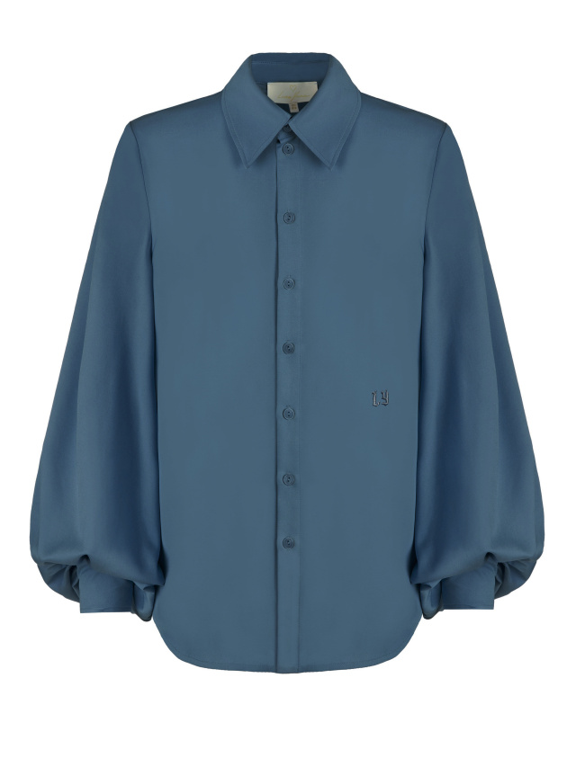 Хлопковая блузка цвета индиго с объемными рукавами, 1