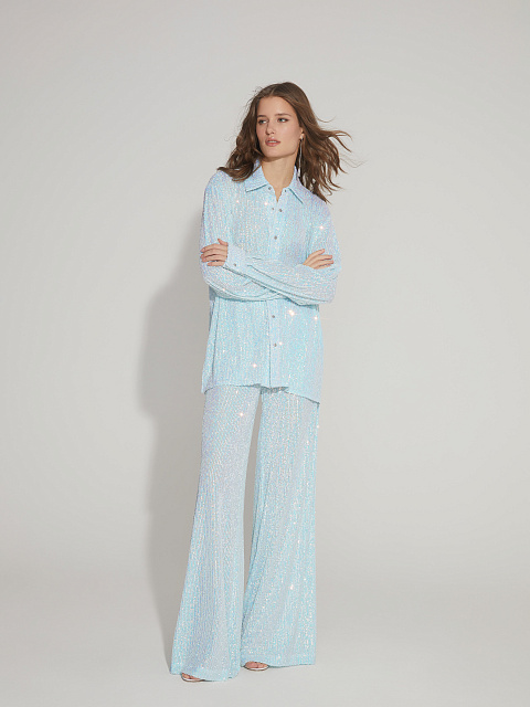 Голубой костюм из рубашки и брюк в пайетках, 5