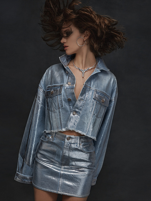 Голубая укороченная джинсовка с серебряным напылением, 7