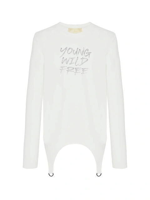 Белый хлопковый лонгслив с фигурным низом и серебристыми стразами, 1 Белый хлопковый лонгслив с фигурным низом и серебристыми стразами, 1