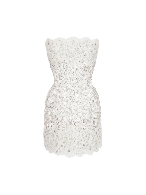 Белое платье-мини из сетки с камнями и кружевом, 1