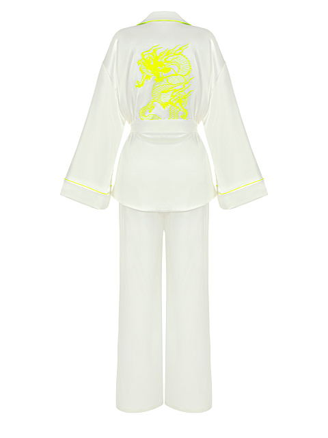 Белый домашний костюм из шелка с неоново-желтой вышивкой, 2