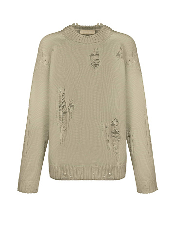 Оливковый хлопковый свитер с дырками, 1