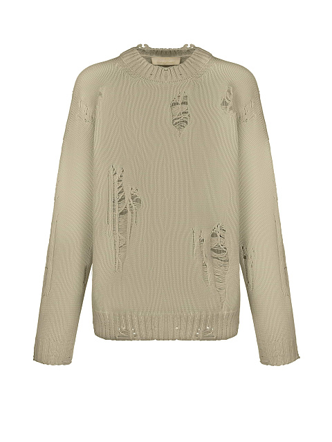 Оливковый хлопковый свитер с дырками, 1