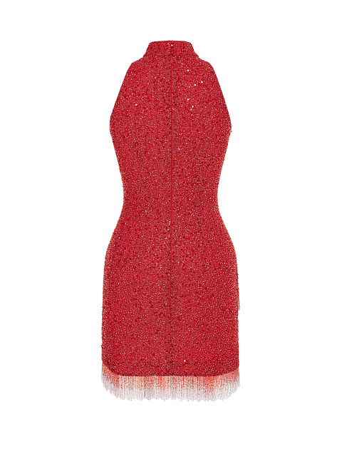 Красное платье-мини с пайетками и бахромой из бисера, 4