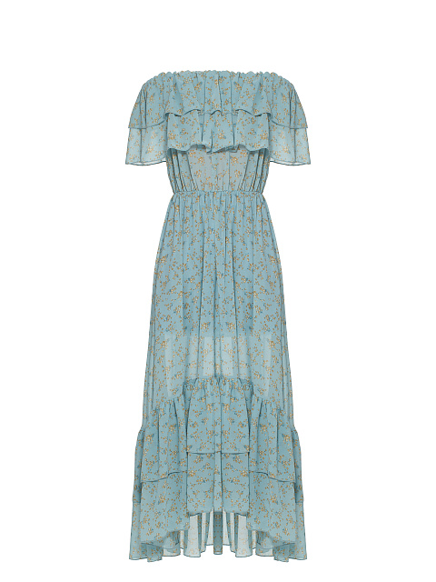 Голубое шифоновое платье-миди с открытыми плечами, 1