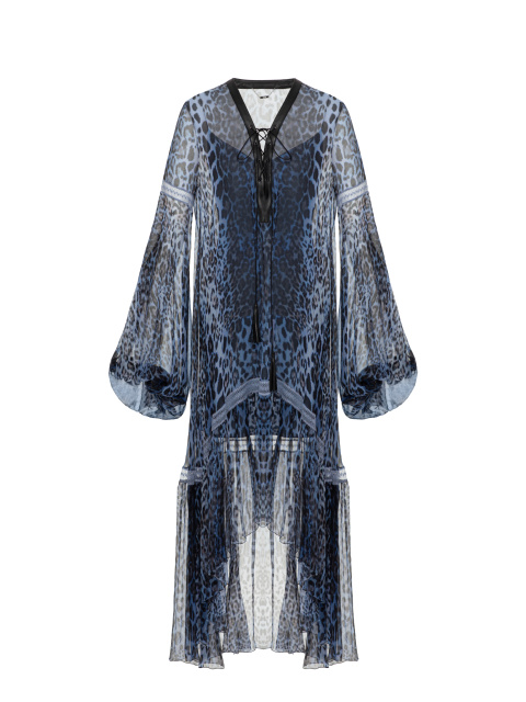 Синее асимметричное платье-миди из шифона с леопардовым принтом, 1
