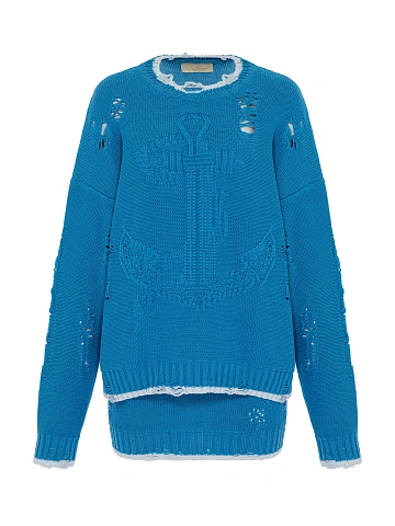 Синий вязаный комплект из свитера и юбки-мини, 1