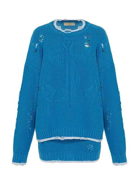 Синий вязаный комплект из свитера и юбки-мини, 1