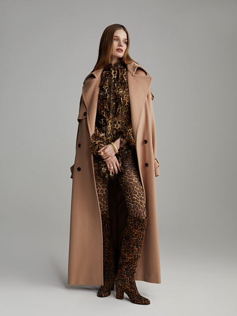 Бежевое двубортное пальто из кашемира с поясом, 10