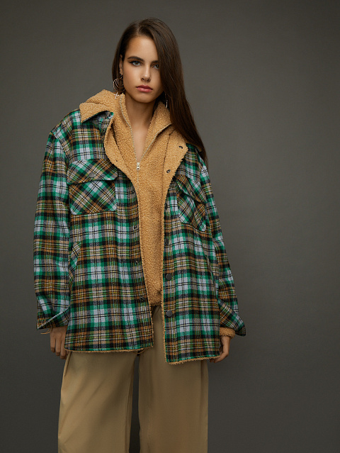 Зеленая рубашка в клетку с подкладкой из искусственного меха, 5