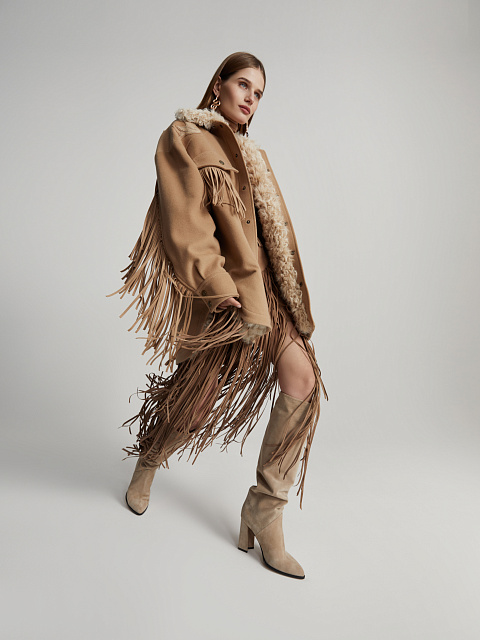 Бежевая юбка-миди из замши с бахромой, 4