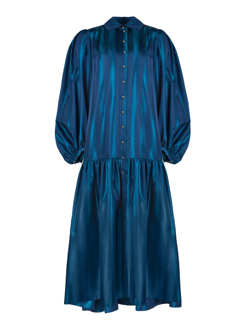 Синее шелковое платье с рукавами-фонариками, 1