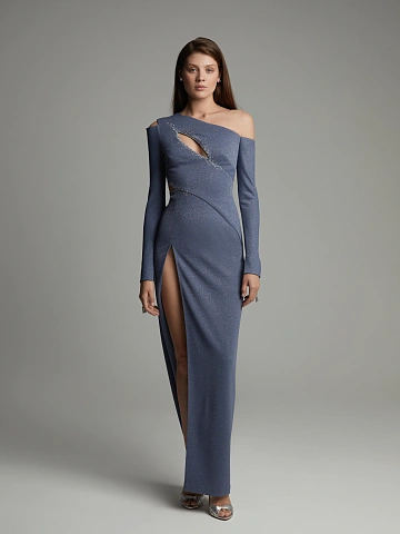 Синее платье-макси из трикотажа с люрексом и стразами, 2