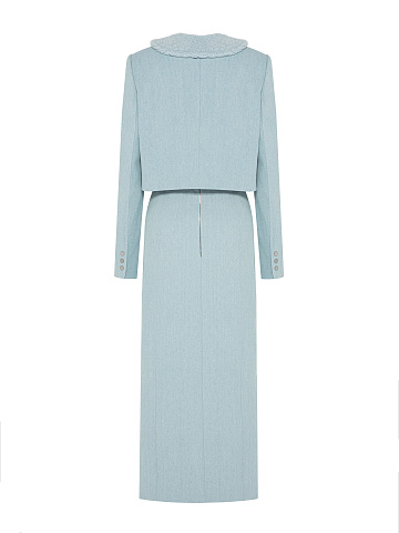 Голубой джинсовый костюм-двойка с юбкой-миди, 2