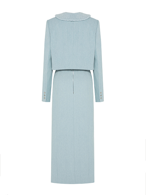 Голубой джинсовый костюм-двойка с юбкой-миди, 2 Голубой джинсовый костюм-двойка с юбкой-миди, 2