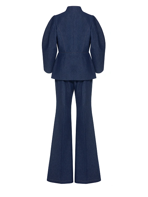 Синий костюм-двойка из денима с брюками клеш, 2